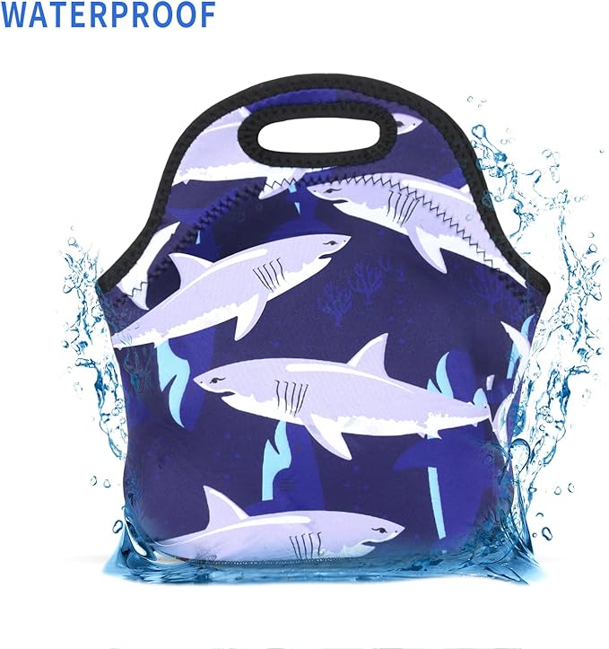 Violet Mist Blue Neoprene Lunch Bag Tote Shark Large Insulated Lunch Containers Waterproof Soft Thermal Lunch Box for Men Women Washable Cartoon Reusable Bento Bag for Adult Picnic Work Travel, Shark1
