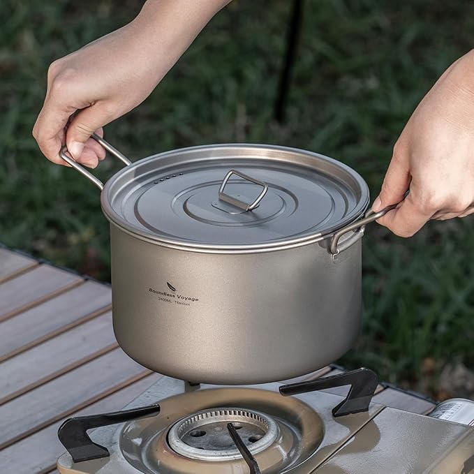 iBasingo 1.2L+1.8L+2.4L Titanium Pots Set with Lid Camping Cookware with Foldable Handle Portable Lightweight Cooking Kit Outdoor Kitchen Cooking Kit for Backpacking Hiking Picnic Fishing Ti2109C