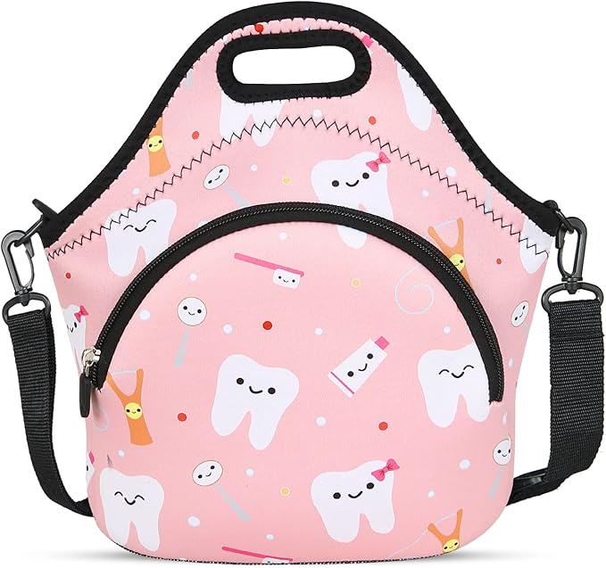 Violet Mist Neoprene Thermal Insulated Lunch Bag Tote for Women, Soft Large with Extra Pocket, Adjustable Shoulder Strap, Pink Teeth