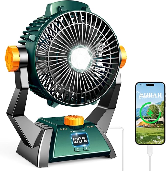 Camping Fan - Rechargeable Portable Battery Powered Camping Fans for Tents with LED Light, Power Display, Timers & 360° Hanging Hook, Ultra Quiet USB Personal Tent Fan for Fishing Travel Home Office