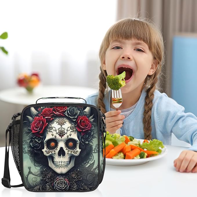 Goth Skull Insulated Lunch Bag for Girls Boys Teen Skeleton Flower Reusable Lunch Box with Shoulder Strap Freezable Thermal Cooler Bag Meal Prep Boxs for School Travel Picnic Beach Lunch Pail