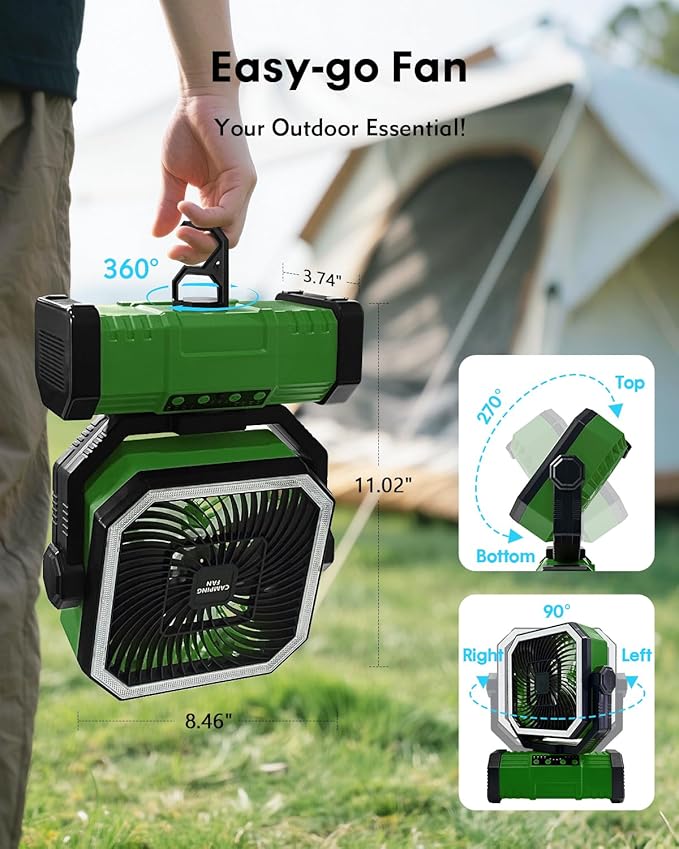 Camping Fan, Portable Fan 20000mAh Rechargeable Battery Powered Fans, Quiet 4-Speeds, 4-LED Light,360° Hanging Hook for Outdoor Picnic Tent Beach Travel Barbecue, Green