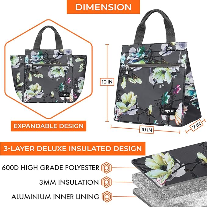 opux Lunch Bag for Women, Insulated Lunch Box Tote for Girls Kids Adult School Work, Reusable Womens Lunch Tote for Office Travel, Cute Small Lunch Tote, Fits 12 Cans - Floral Gray