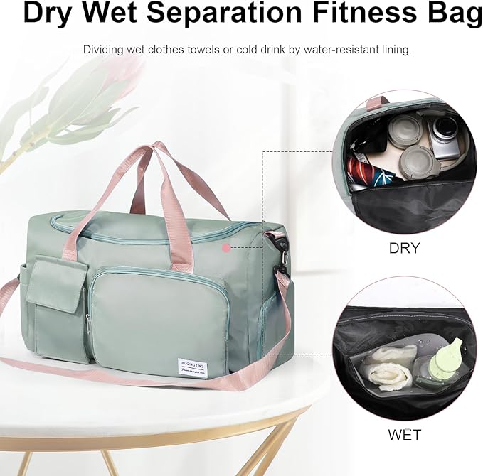 Small Gym Bag for Women, Travel Tote Bag with Compartments, Wet Pocket, Zipper for Dance, Swim, Sports Overnight Bag Green with Pink Handles