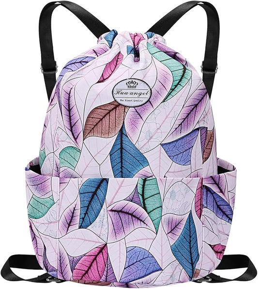 HUA ANGEL Floral Print Drawstring Bag - Lightweight Waterproof Cinch Sackpack with Side Pocket for Men & Women Travel Gym Bag