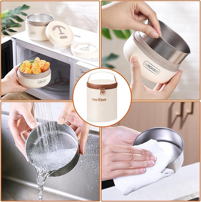 Dandat 2 Pcs Insulated Lunch Containers Thermal Bento Box with Bag Fork Knife Microwavable Stainless Steel Lunch Box 15.2 oz 21 oz Separate Stackable Thermal Food Jar for Adult Men Women(Beige)