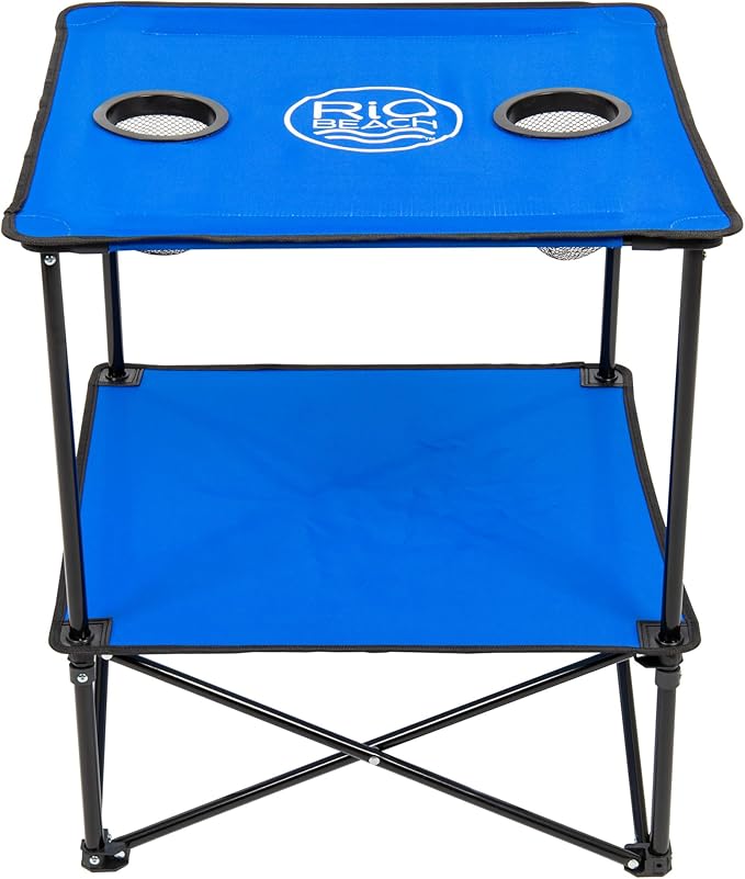 Rio Brands 22" Square Lightweight Fabric Portable Folding Beach Table with Cupholders, Blue