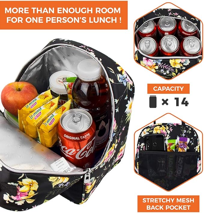opux Lunch Box for Girls Boys Kids, Insulated Leakproof Lunch Bag, Reusable Teen Lunch Boxes for School, Medium Large lunchbox for Women Men Adult for Work with Front Back Pocket (Floral Black)