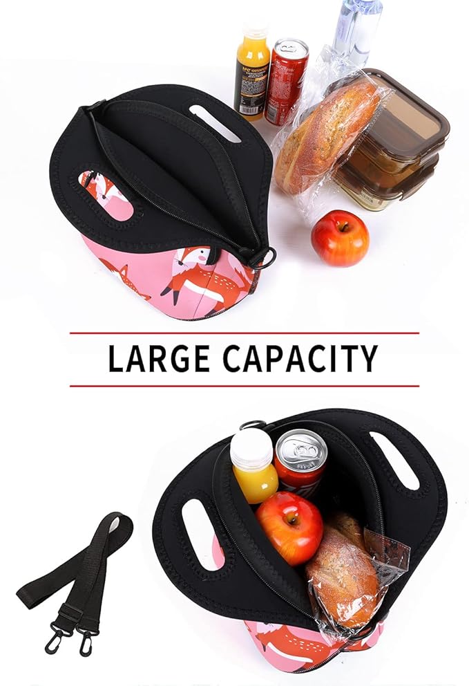 Violet Mist Neoprene Insutated Lunch Bag with Pocket Shoulder Strap Women Cute Animal Cartoon Lunch Box Resuable Waterproof Fox Pink LunchBag Tote Food Containers Gift Women Adult Work Picnic Travel