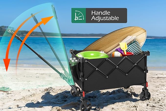 Camping Wagons Carts Foldable, Leonyo 220lbs Beach Collapsible Wagon with Wheels, Heavy Duty Grocery Cart on Wheels for Pet, Shopping, Groceries, Garden, Outdoor Activities, Black