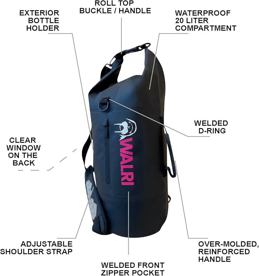 WALRI 20L Waterproof day pack for Sports, Surf, Turf and Dirt (Black)