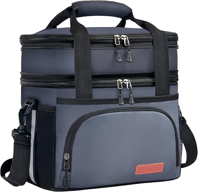 Lunch Box for Men/Women,Large Double-Layer Insulated Expandable Reusable Leakproof Cooler Bags for Adults,Lunch Bag with Adjustable Shoulder Strap for Office Travel Picnic（Dark Gray）