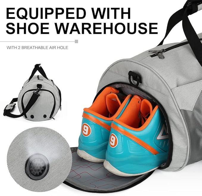 INOXTO Small Sports Gym Bag，Travel Duffel Bag with Dry Wet Pocket and Shoes Compartment for Women and Men，35L Waterproof Weekender Fitness bag For Swim Sports Travel Working Out (light grey 2)