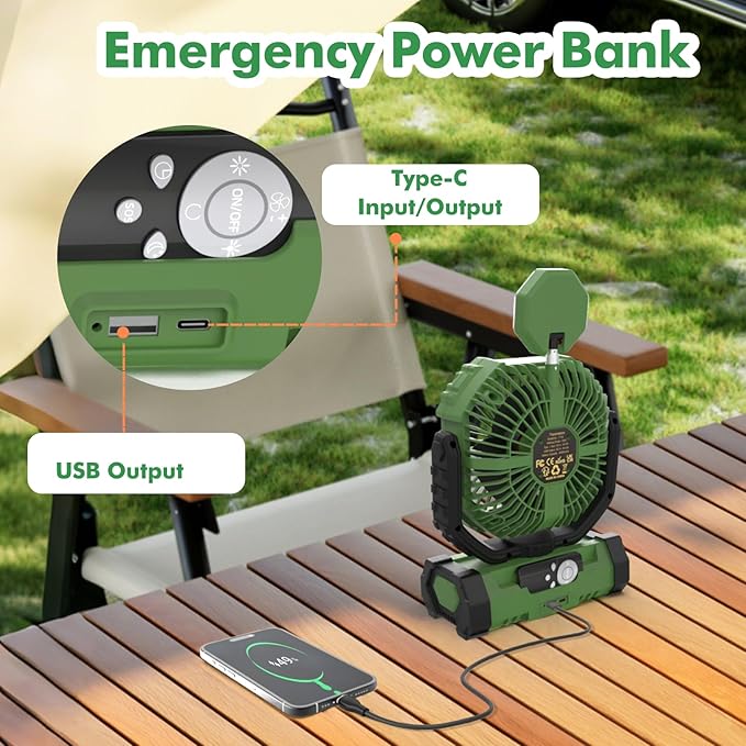 Portable Fan, AI Outdoor Rechargeable Camping Fan with Light, 20000mAh Battery Powered, 360° Rotating Hook, 4 Speeds for Indoor, Traveling, Tenting, RVing, Fishing, Beach (Green)