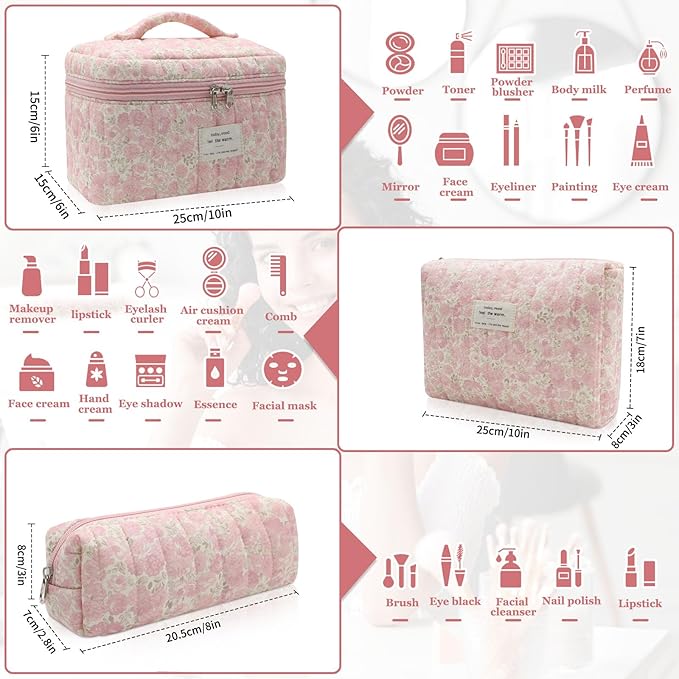 3pc Makeup Bag Set, Quilted Makeup Bag Set, Large Floral Cosmetic Bag for Women, Cute Cotton Makeup Bags, Flower Travel Toiletry Organizer Bag (Pink Crushed flower)