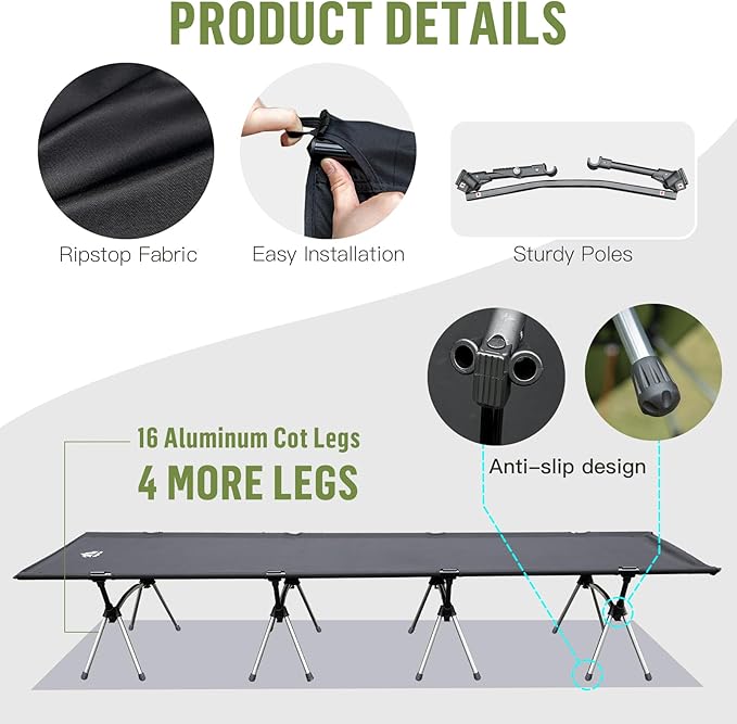 Night Cat Camping Cot Bed - Portable Folding Sleeping Cots for Adults 1-Person Outdoor Elevated Off-Ground Beds Easy Set-up Army Sleeping Bed 87"x28"