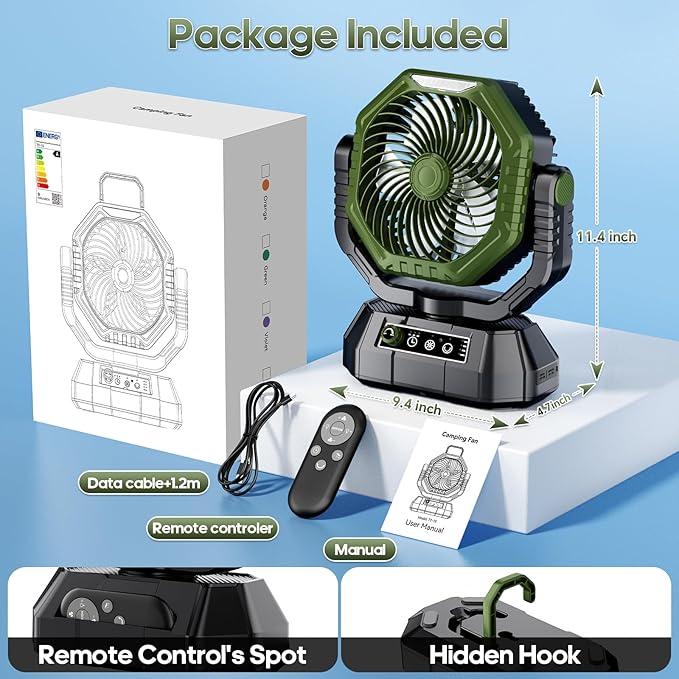 AJVV Camping Fan Rechargeable, Battery Powered Fan With Remote Controller, LED Light, Dual-Blade, Stepless Speed, 45°/90°/270° Swing,Timer, Portable fan For Travel Tent Bedroom Beach Fishing, Green