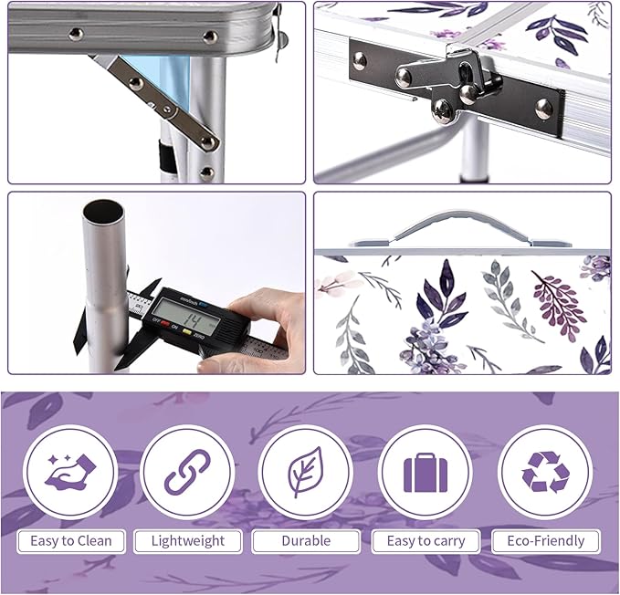 Folding Camping Table 3ft Portable Pinic Table Adjustable Height Small Card Table Aluminum Foldable Lightweight with Carry Handle for Outdoor Indoor Hiking Camp BBQ Beach (Misty Lilac)