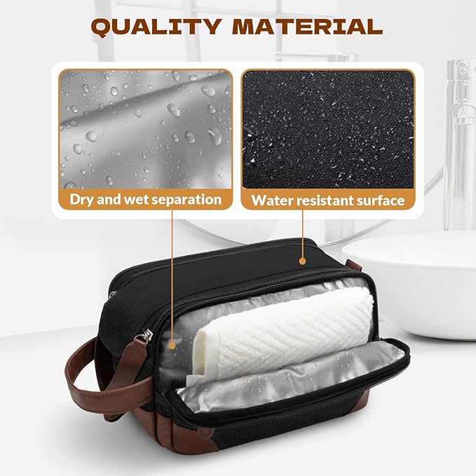 Travel Toiletry Bag for Men - Canvas Toiletries Bag with Multiple Pockets Large Hanging Dopp Kit Travel Bag for Toiletries Essentials Accessories - Black