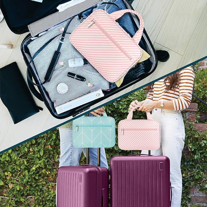 PAVILIA Hanging Toiletry Bag Travel Bag Women Men, Foldable Cosmetic Organizer, Roll up Makeup Bag, Water Resistant Accessories Toiletries, Large Travel Essentials Kit (Pink Stripe)