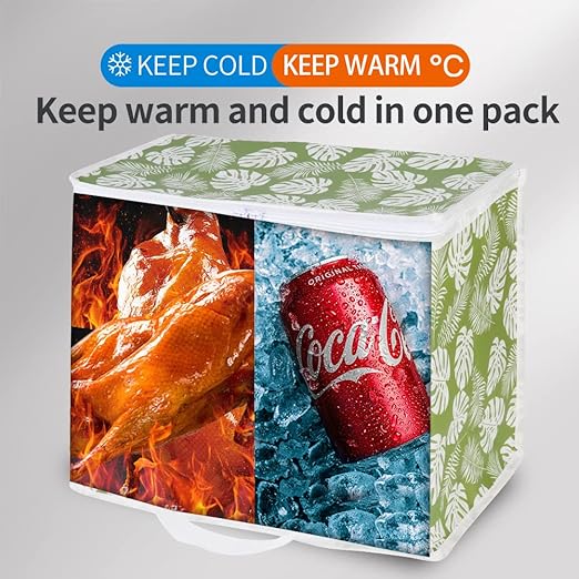 Bodaon 1-Pack Insulated Reusable Grocery Shopping Bags, X-Large Picnic Cooler Bag with Zipper Zippered Top Cold, Green-Leaf