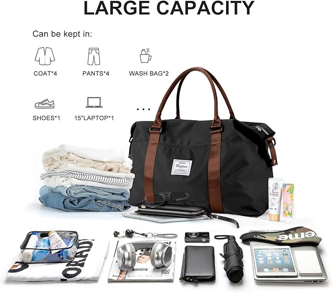 Womens travel bags, weekender carry on for women, sports Gym Bag, workout duffel bag, overnight shoulder Bag fit 15.6 inch Laptop (Large, Black)