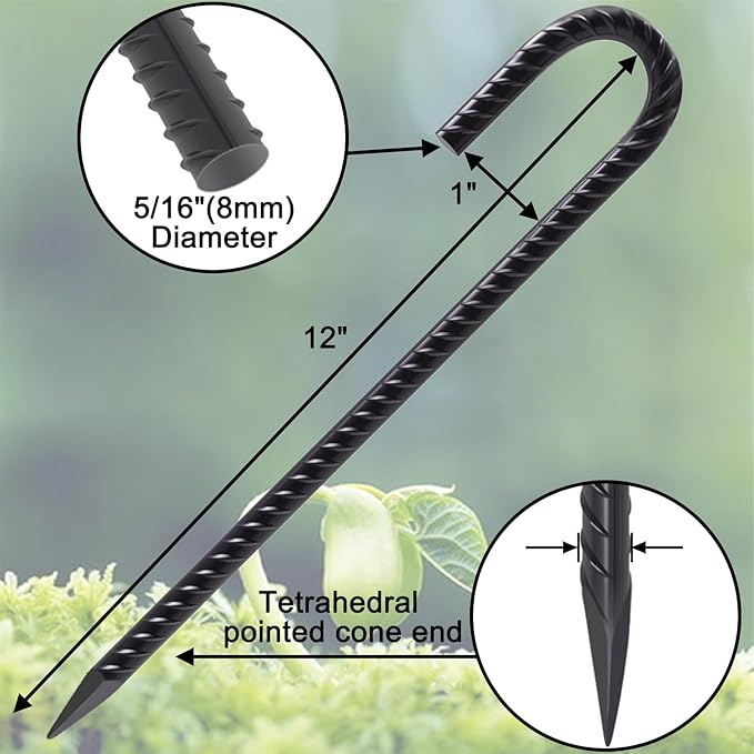VVOKGO Garden Rebar Stakes J Hook 12 Inch Long Enough 32pcs, Rust Proof Black Coated Steel Trampoline Anchors Tent Stakes Metal Ground Stakes for Lawn Christmas Decorations