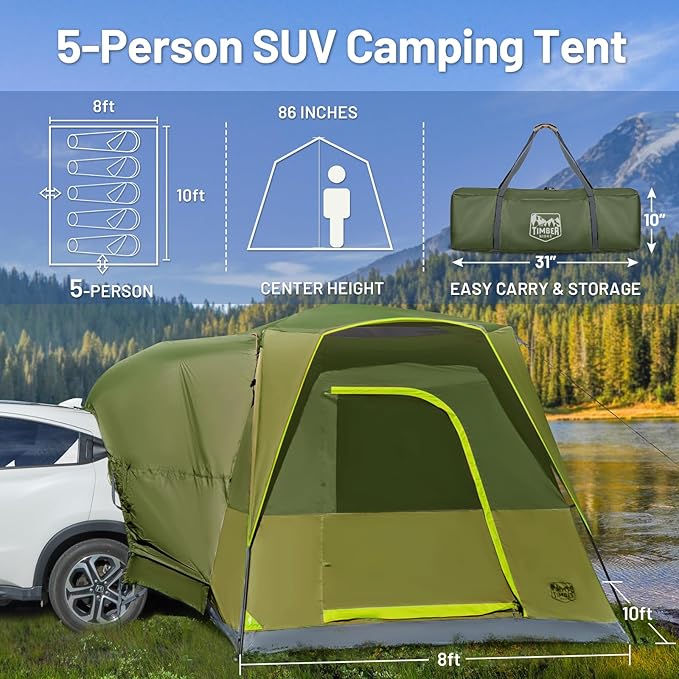 TIMBER RIDGE 5 Person SUV Tent with Movie Screen Weather Resistant Portable for Car SUV Van Camping, Includes Rainfly and Storage Bag, 10' W X 8' L X 7.1' H Green