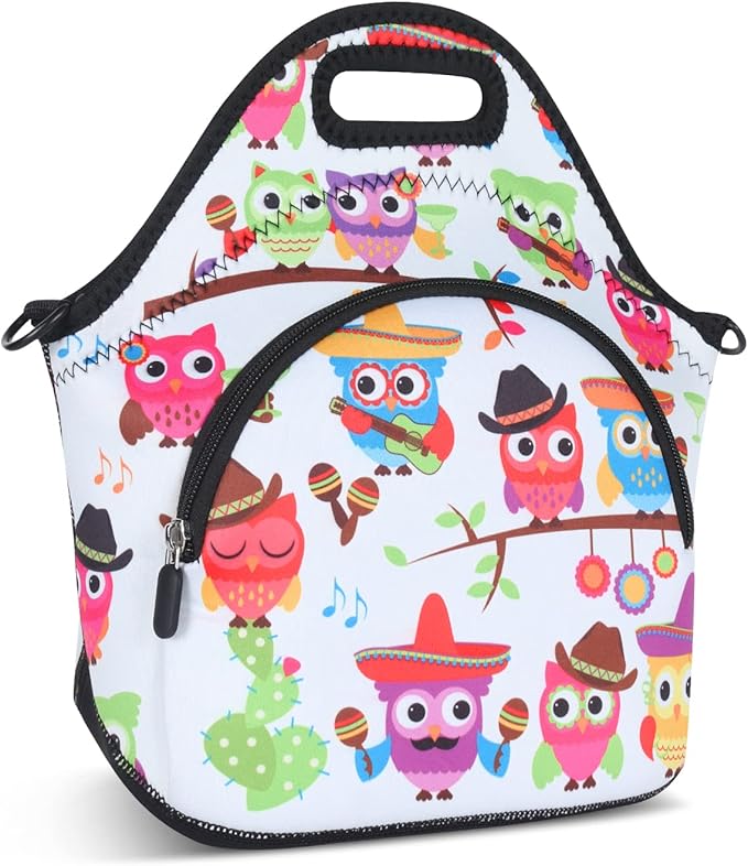 Violet Mist Owl 4 Neoprene Lunch Bag Reusable Insulated Cartoon Meal Holder with Adjustable Shoulder Strap, 12.6"L x 11.8"H x 6.3"W