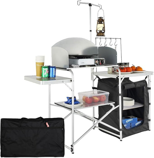 VEVOR Camping Kitchen Table, Aluminum Portable Folding Camp Cook Station with Windscreen, Cupboard, Storage Organizer, Carrying Bag, Quick Installation for Outdoor Picnic Beach BBQ RV Traveling, Black