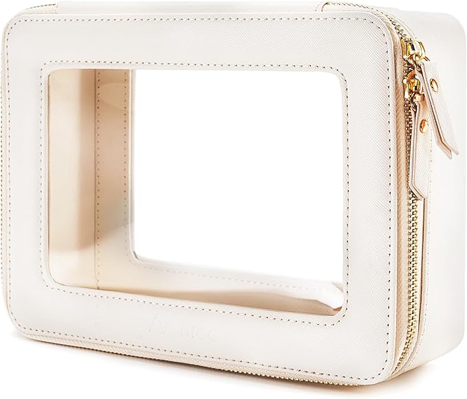 Aveniee Large Clear Makeup Bag Cosmetic bags, Travel Toiletry Bag for Women, Clear Make up Bag Case, Chic Makeup Pouch with Transparent Vinyl Windows & Gold Zippers(White)