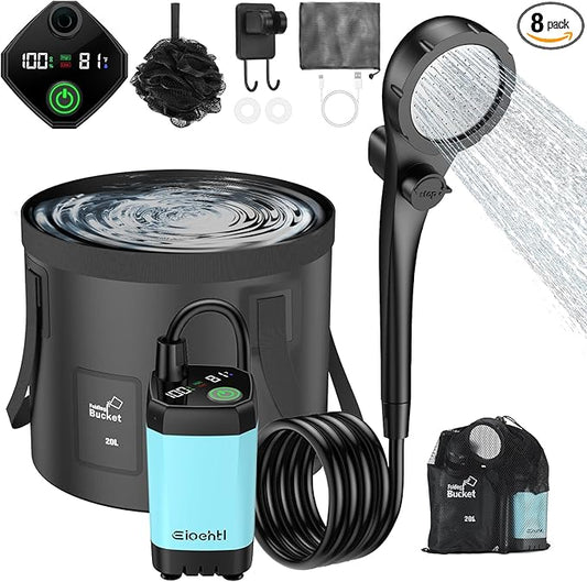 Portable shower for camping, 6000mAh Camping Shower with LED Display, Camp Shower with 5 Gallons Collapsible Bucket, portable camping shower with 3 Spray Modes for Hiking, Travel, Car, Pet