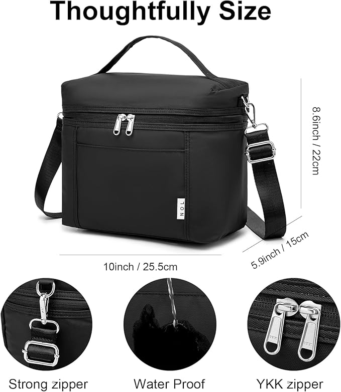 NOL Natural Organic Lifestyle Reusable Lunch Bags for Adults Lightweight Waterproof Lunch Box with Removable Adjustable Strap Insulated Leakproof Cooler Lunch Bag for Work Black Medium Size