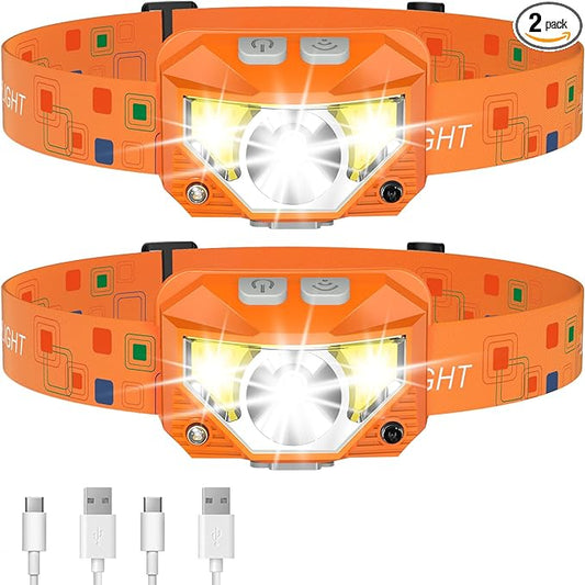 LHKNL Headlamp Flashlight,1200 Lumen Ultra-Light Bright LED Rechargeable Headlight with White Red Light,2-Pack Waterproof Motion Sensor Head Lamp,8 Mode for Outdoor Camping Running Fishing- Orange
