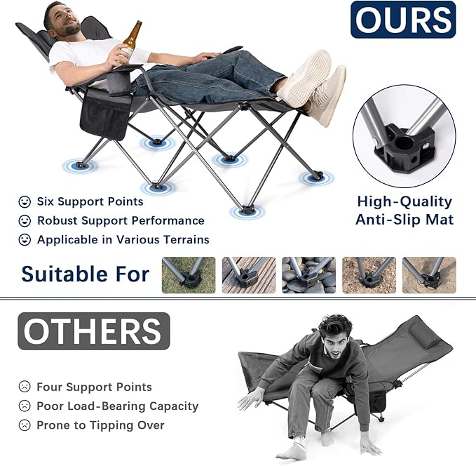apollo walker Camping Chairs for Adults - 6 Legged Beach Chair with Foot Rest, Adjustable 90° - 135° Reclining Lounge Chair Outdoor, Folding Chairs for Outside with Detachable Pillow & Carry Bag Grey