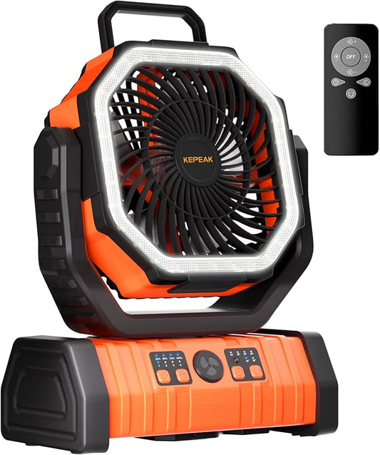 KEPEAK Rechargeable Camping Fan with LED Light, 20000Ah Battery Operated Powered Fan, 72H Runtime, Remote Control, 5.3m Airflow, Ultra-Quiet Portable Fan for Tents, Outdoor, Camping(Orange)