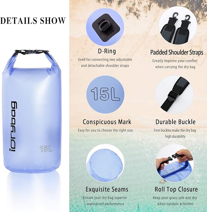 IDRYBAG Clear Dry Bag Waterproof 2L/5L/10L/15L/20L, Small Dry Sack Waterproof Bag for Kayaking