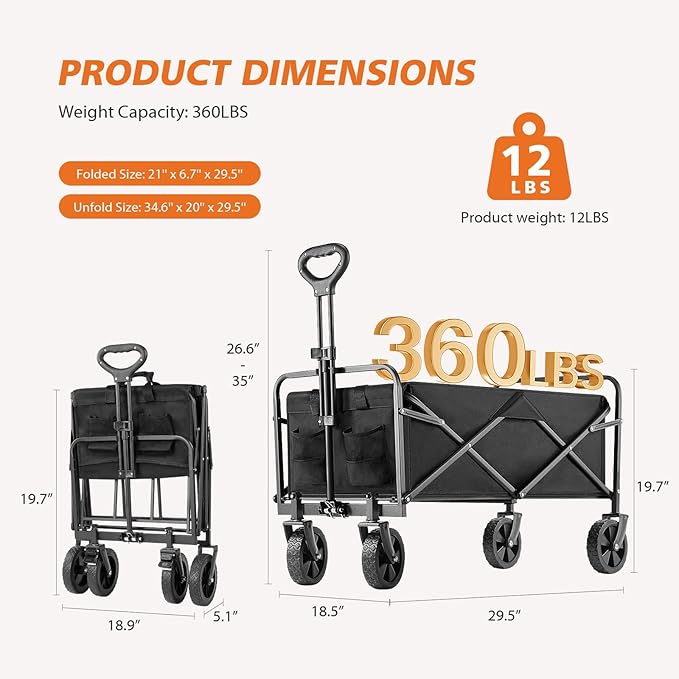 Sweetcrispy Collapsible Foldable Wagon Cart, Large Capacity Garden Cart with Wheels, Heavy Duty Utility Grocery Wagon with Drink Holders for Shopping Sports Camping, Large Black