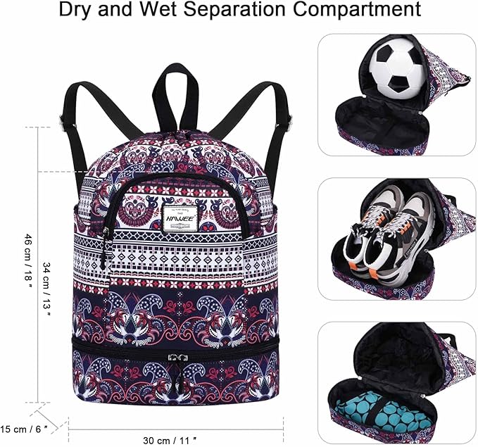 Dry Wet Drawstring Backpack with Shoe Compartment for Women Adjustable Gym Bag