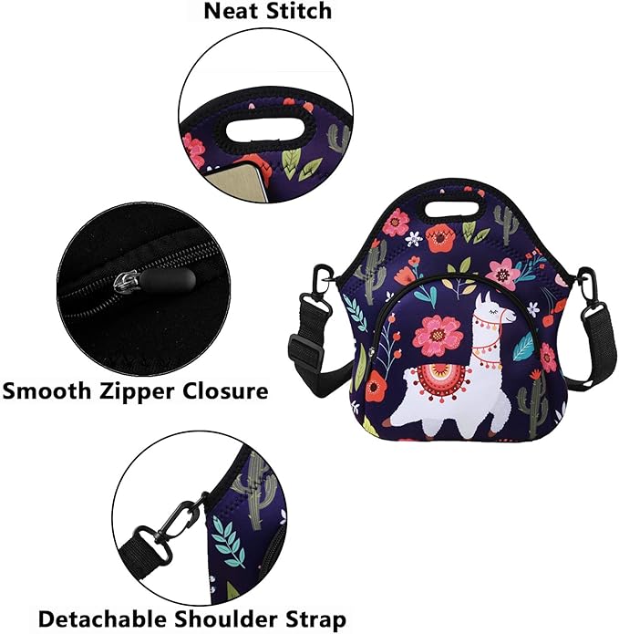 Violet Mist Neoprene Lunch Bag Reusable Insulated Cartoon Alpaca Snack Bags, 12.6"L x 11.8"H x 6.10"W, Adjustable Shoulder Strap, Waterproof, Eco-Friendly