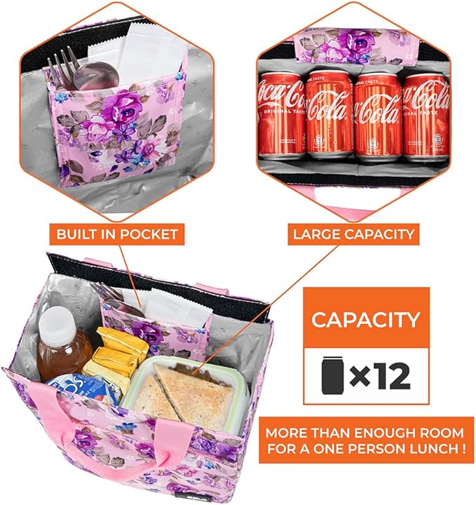 opux Lunch Bag for Women, Insulated Lunch Box Tote for Girls Kids Adult School Work, Reusable Womens Lunch Tote for Office Travel, Cute Small Lunch Tote, Fits 12 Cans - Pink Floral Purple