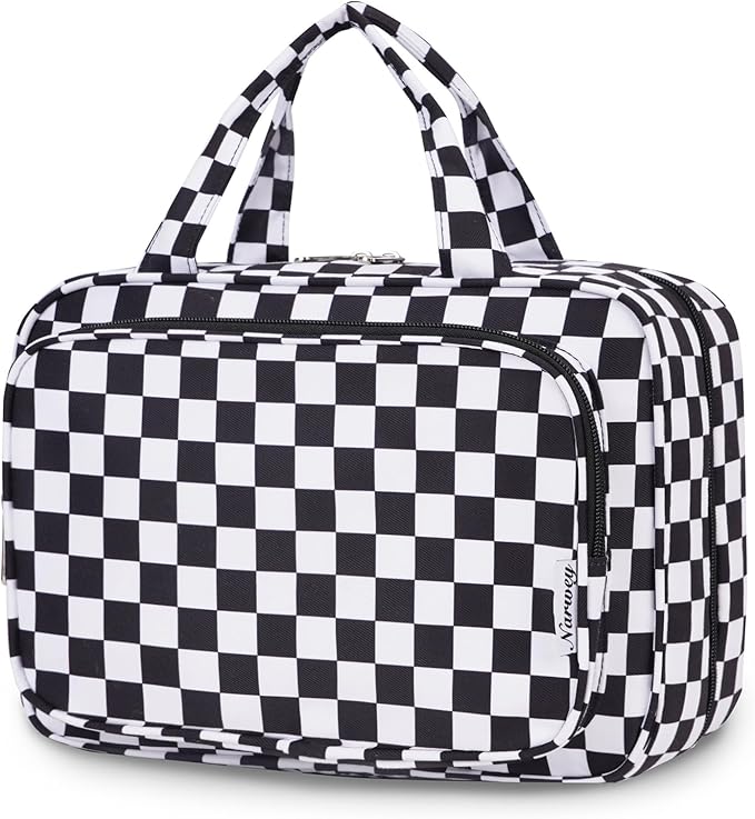 Narwey Travel Toiletry Bag for Women Large Hanging Makeup Bag Organizer Toiletries Bag for Full Size Essentials Accessories Cosmetics (Black Checkerboard (Large))