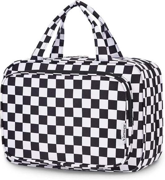 Narwey Travel Toiletry Bag for Women Large Hanging Makeup Bag Organizer Toiletries Bag for Full Size Essentials Accessories Cosmetics (Black Checkerboard (Large))