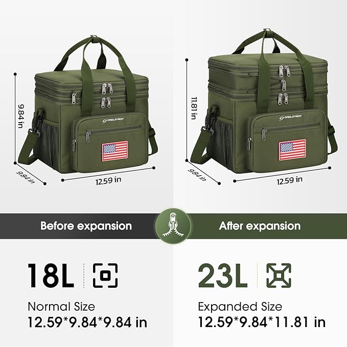 Maelstrom Tactical Lunch Box for Men, 23L Insulated Lunch Bag, Expandable Double Deck Cooler Bag, Lightweight Leakproof Tote Bag With Side Tissue Pocket, Suit For Men and Women, Army Green