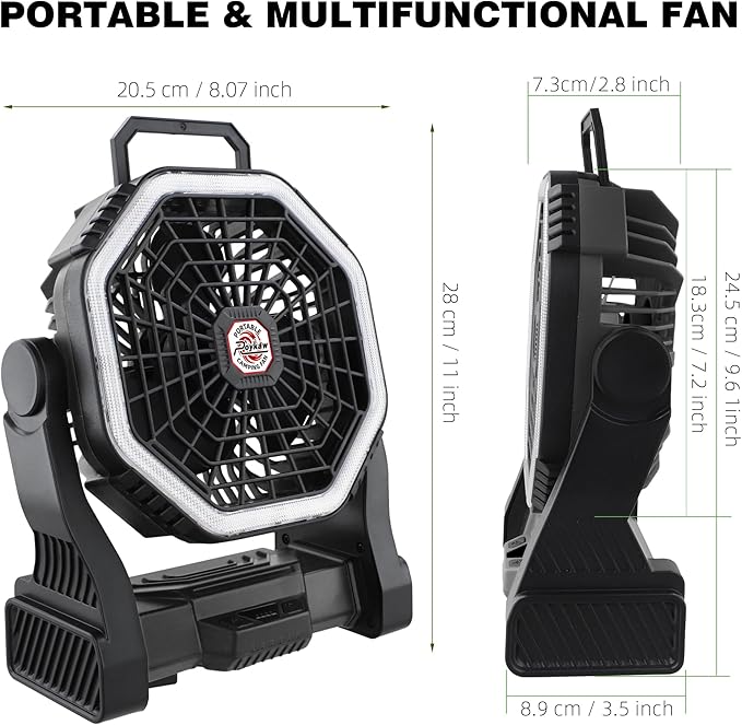 Roykaw Portable Camping Fan with 10400 mAh Rechargeable Battery, 36 Hrs Work, Ultra-bright LED Light & Cordless, Fit for Tent, Fishing, Bedroom, Office, Hurricane