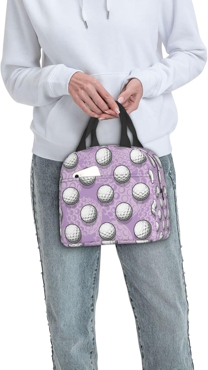 VOOHDDY Golf Ball Cute Purple Insulated Lunch Bag For Men Women Reusable Lunch Box Container Waterproof Portable Cooler Thermal Tote Bag For Work Office Picnic Beach Travel