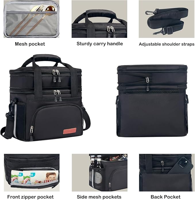 Lunch Box For Men/Women,Large Double-layer Insulated Expandable Reusable Leakproof Cooler Bags For Adults,Lunch Bag With Adjustable Shoulder Strap For Office Travel Picnic（Pink）