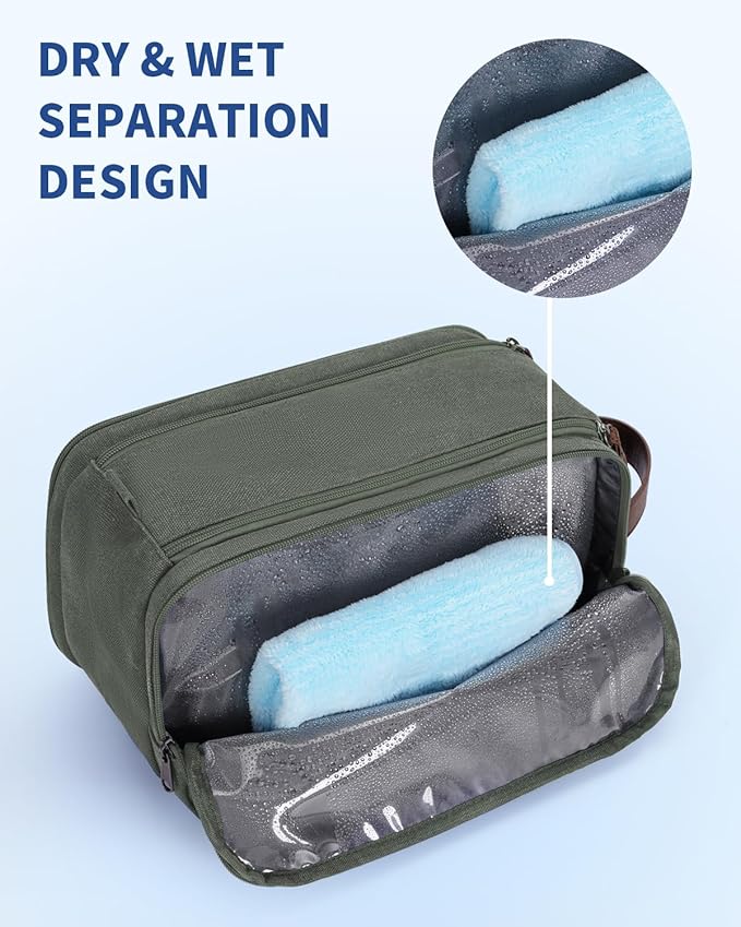 WANDF Toiletry Bag for Men Travel Toiletry Organizer Canvas and Leather Dopp Kit Water-Resistant Shaving Bag for Travel Accessories (Green, Patent Pending)