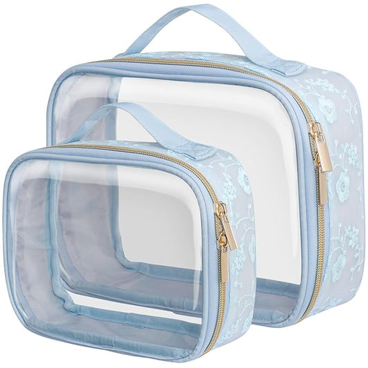 PACKISM Floral Texture Lace TSA Approved Toiletry Bag - 180° Large Opening Clear Makeup Bags in 2 Size, TSA Clear Toiletry Bag with Handle, 0.5 mm Thick Non-deformable No Smell, Blue