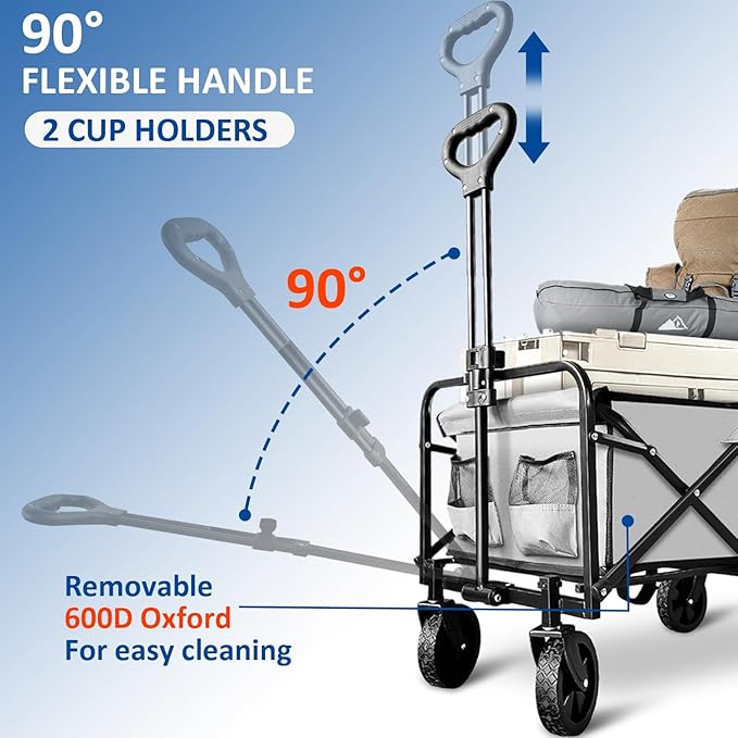 Collapsible Wagon Cart Foldable Portable Heavy Duty Folding Beach Wagons, Outdoor Utility Carts with Large Capacity for Grocery, Camping, Shopping, Fishing, Sports, Garden Gray